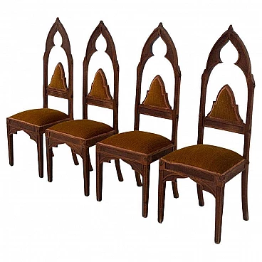 4 Sedie in stile Gotico veneziano in legno e tessuto a coste arancione, anni '20