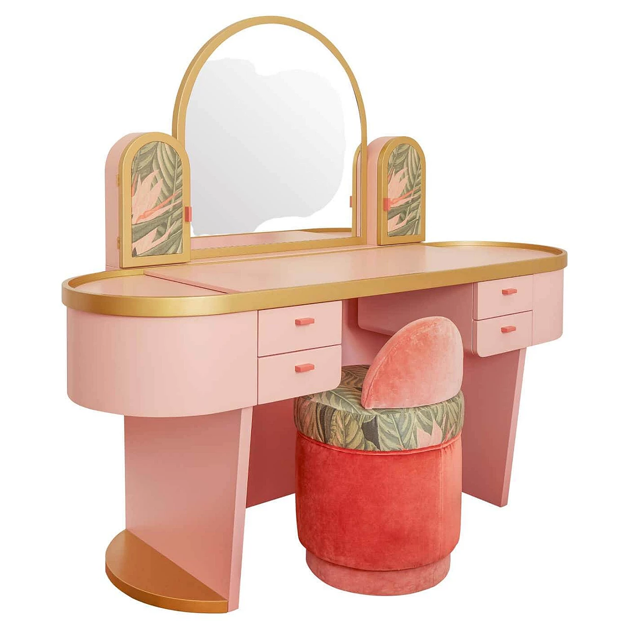 Oval bedroom vanity unit with velvet pouf, 2000s 1