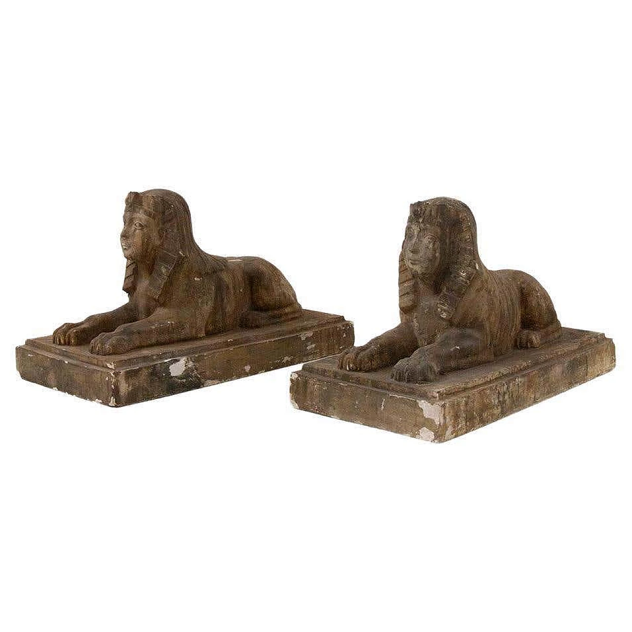 Pair of Egyptian-style gold-coloured sculpted scaiola plaster sphinxes, late 19th century 2