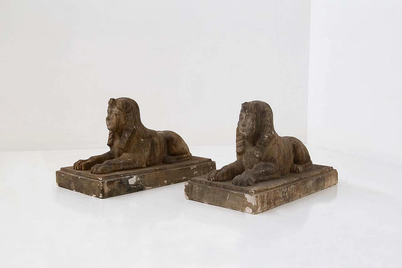 Pair of Egyptian-style gold-coloured sculpted scaiola plaster sphinxes, late 19th century 10