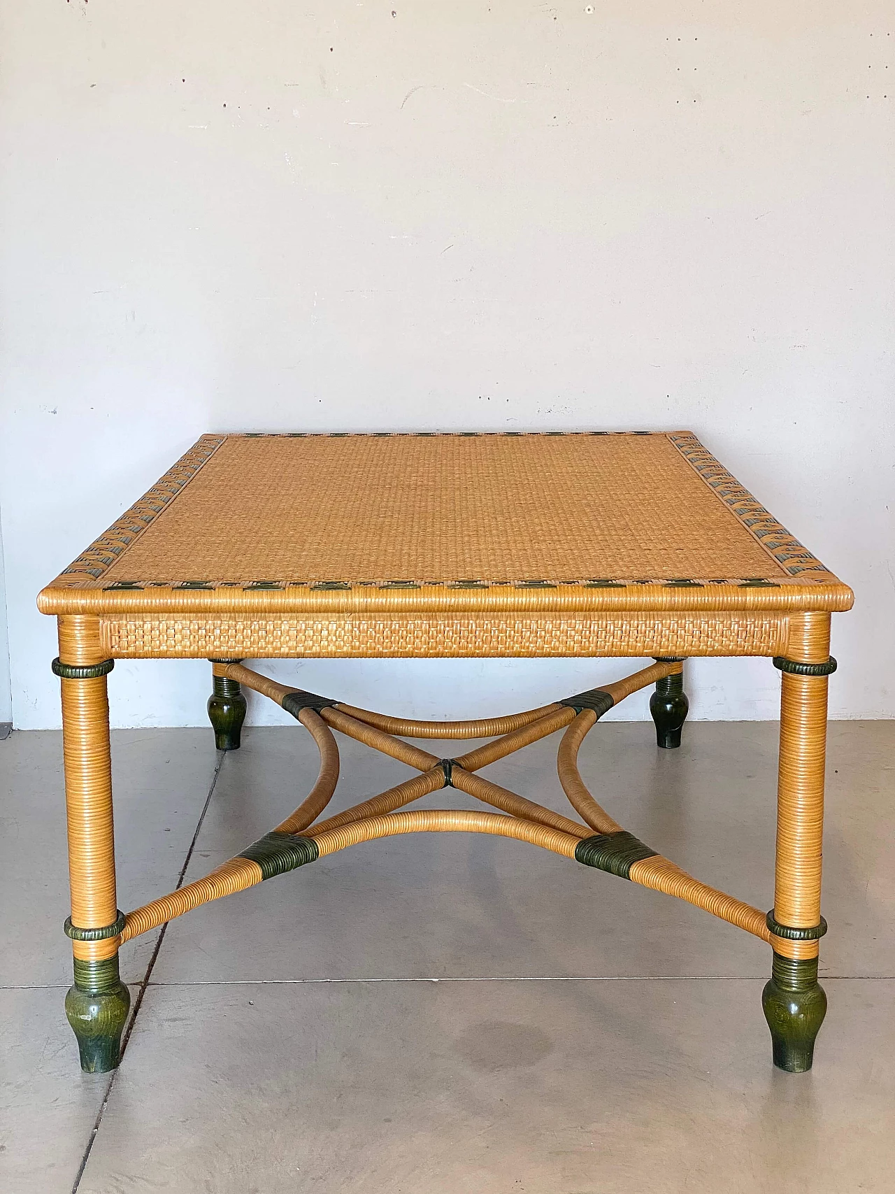Wicker table with green details, 1980s 13