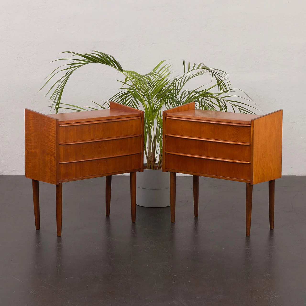 Pair of Danish teak veneer bedside tables with three drawers, 1960s 1