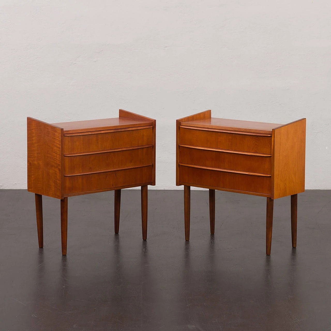 Pair of Danish teak veneer bedside tables with three drawers, 1960s 2