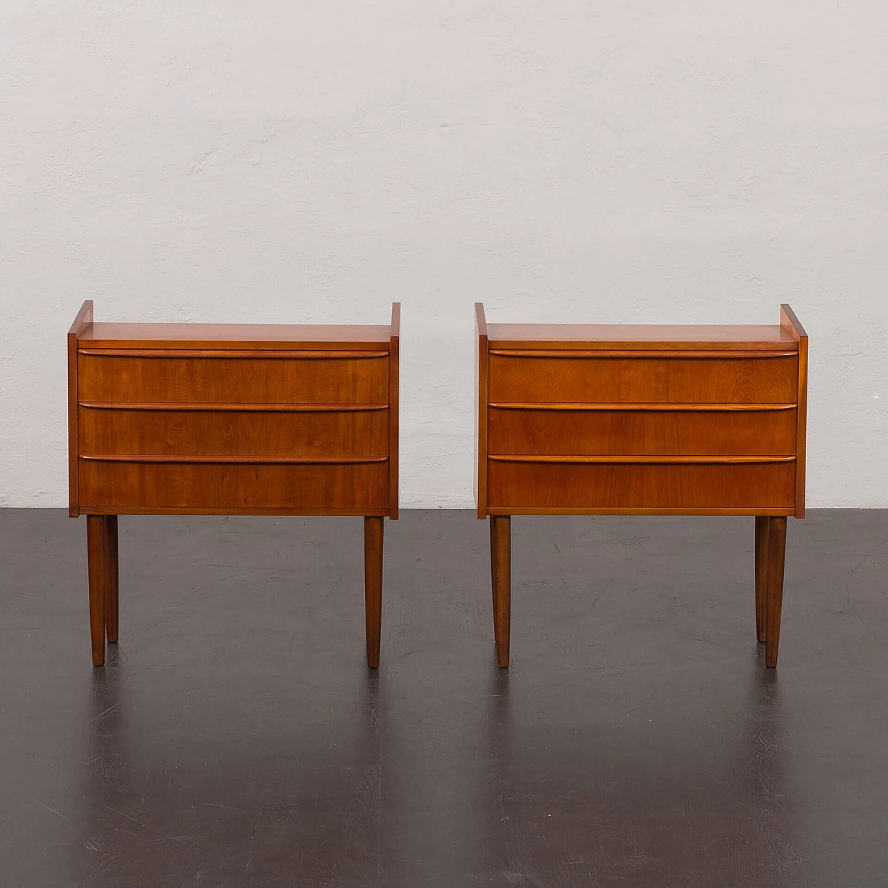 Pair of Danish teak veneer bedside tables with three drawers, 1960s 3