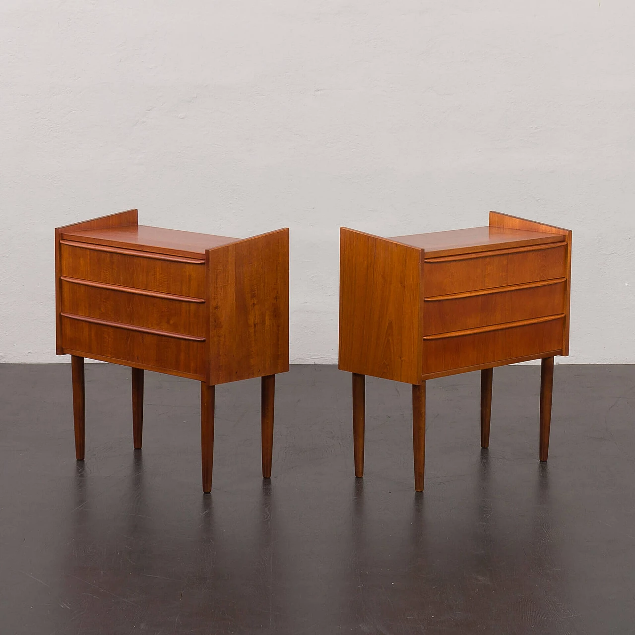Pair of Danish teak veneer bedside tables with three drawers, 1960s 4