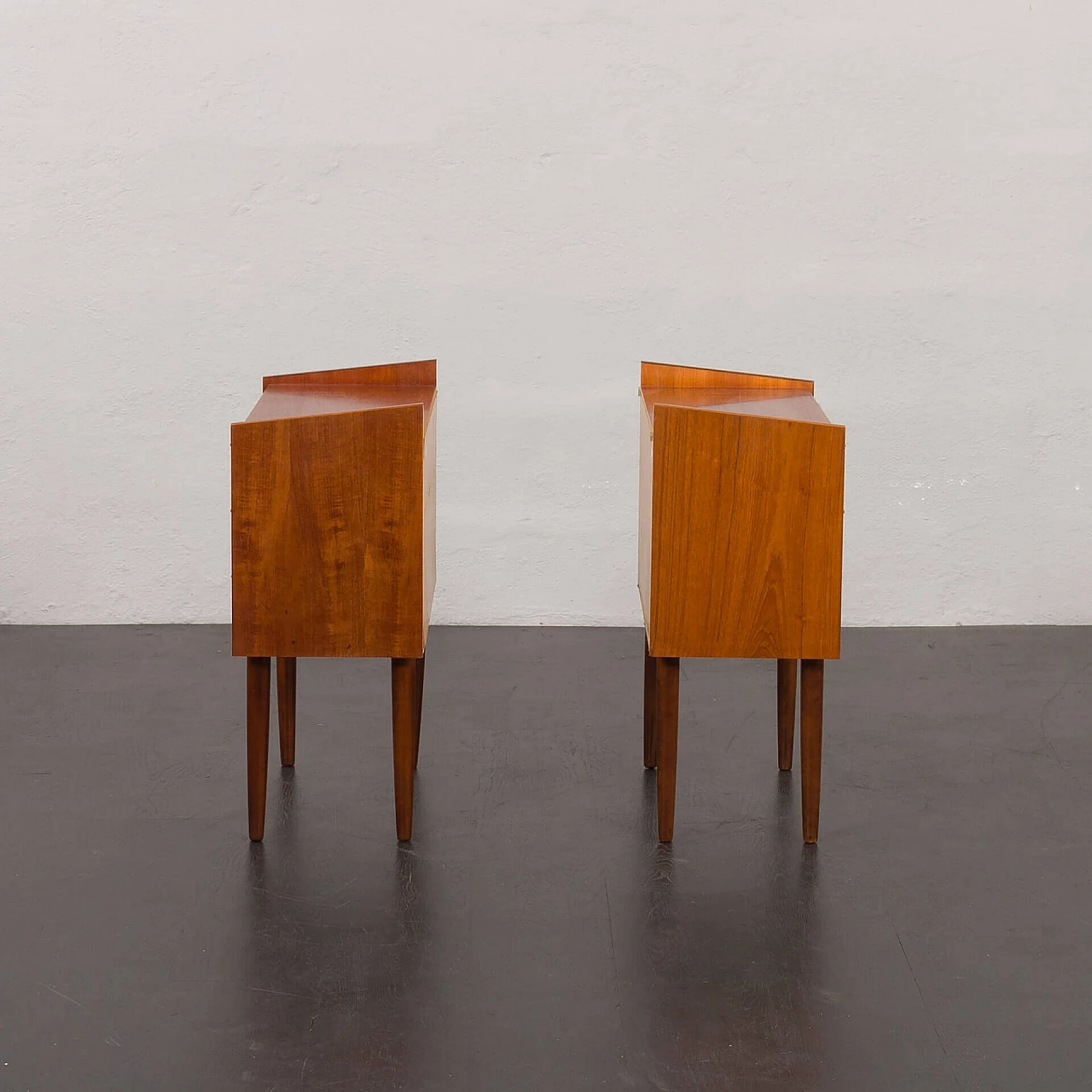 Pair of Danish teak veneer bedside tables with three drawers, 1960s 5