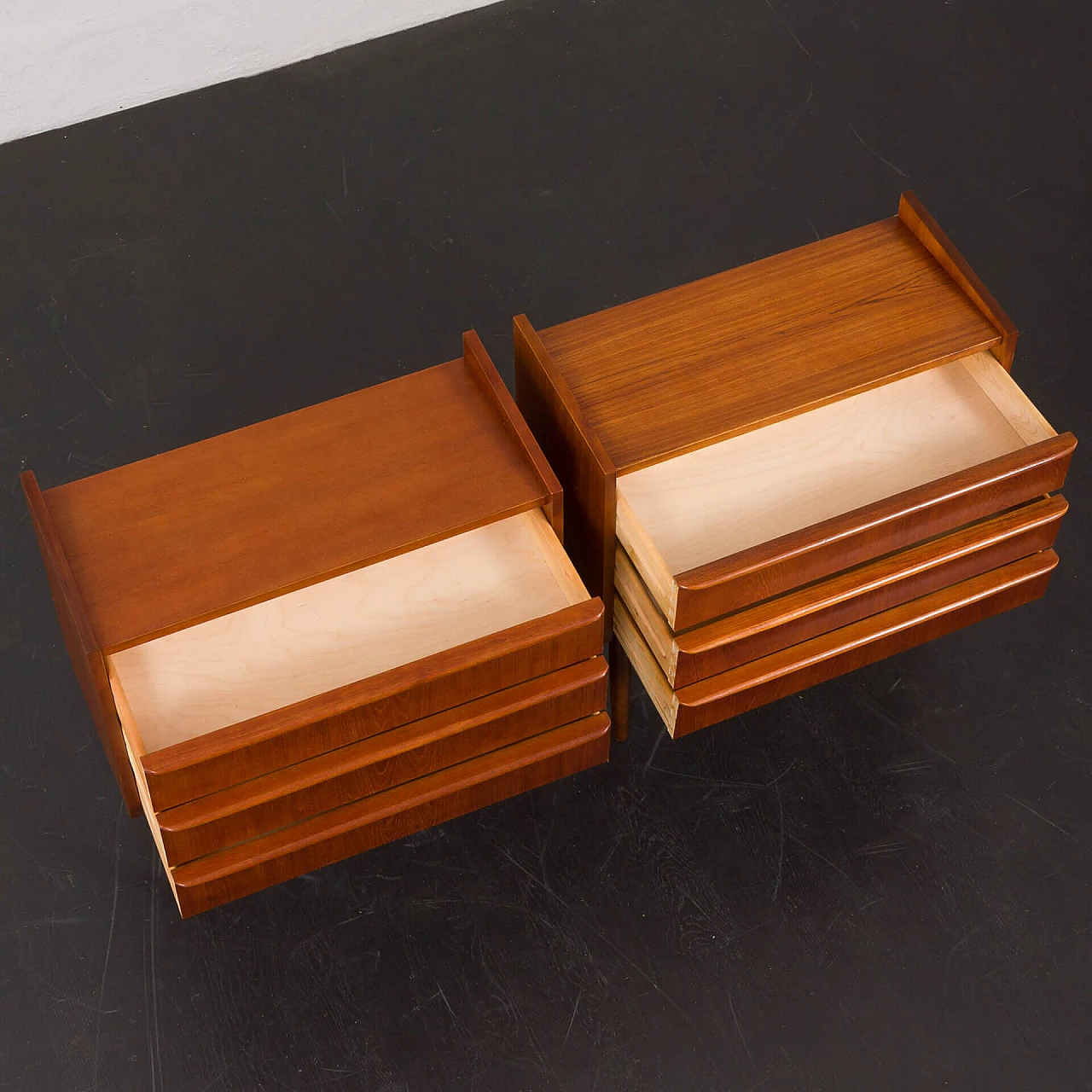 Pair of Danish teak veneer bedside tables with three drawers, 1960s 8