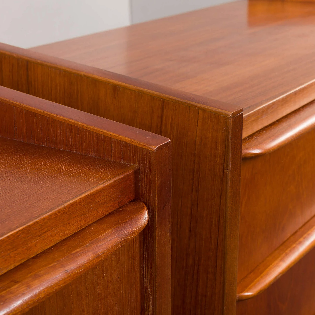 Pair of Danish teak veneer bedside tables with three drawers, 1960s 11