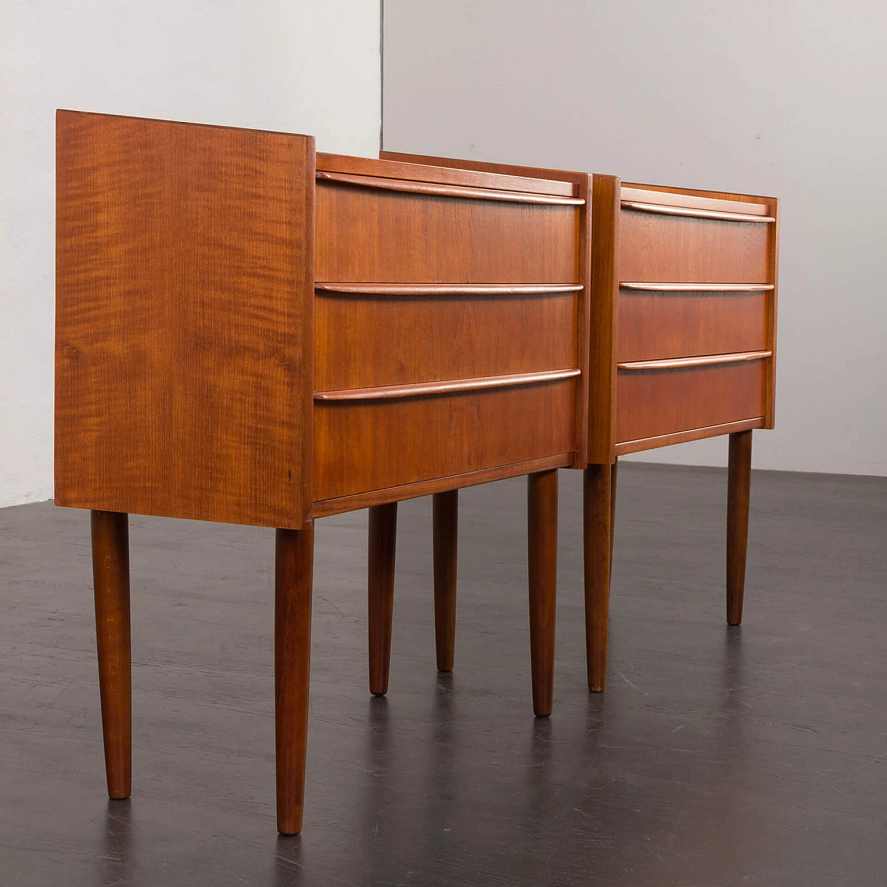 Pair of Danish teak veneer bedside tables with three drawers, 1960s 12