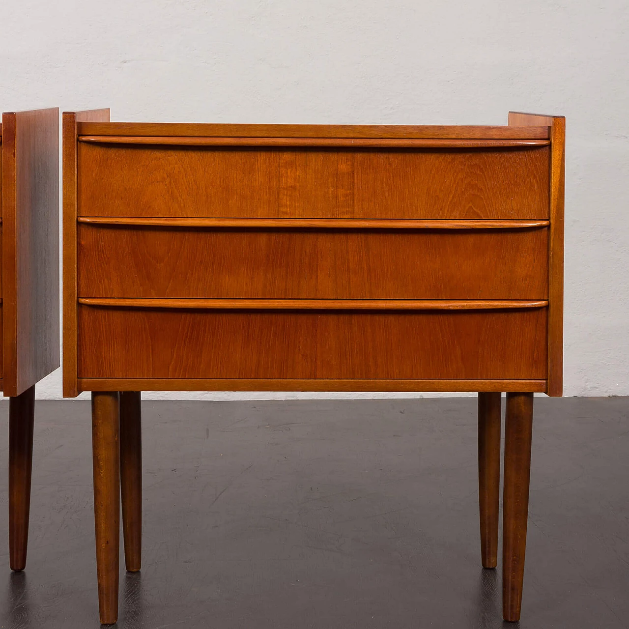 Pair of Danish teak veneer bedside tables with three drawers, 1960s 13