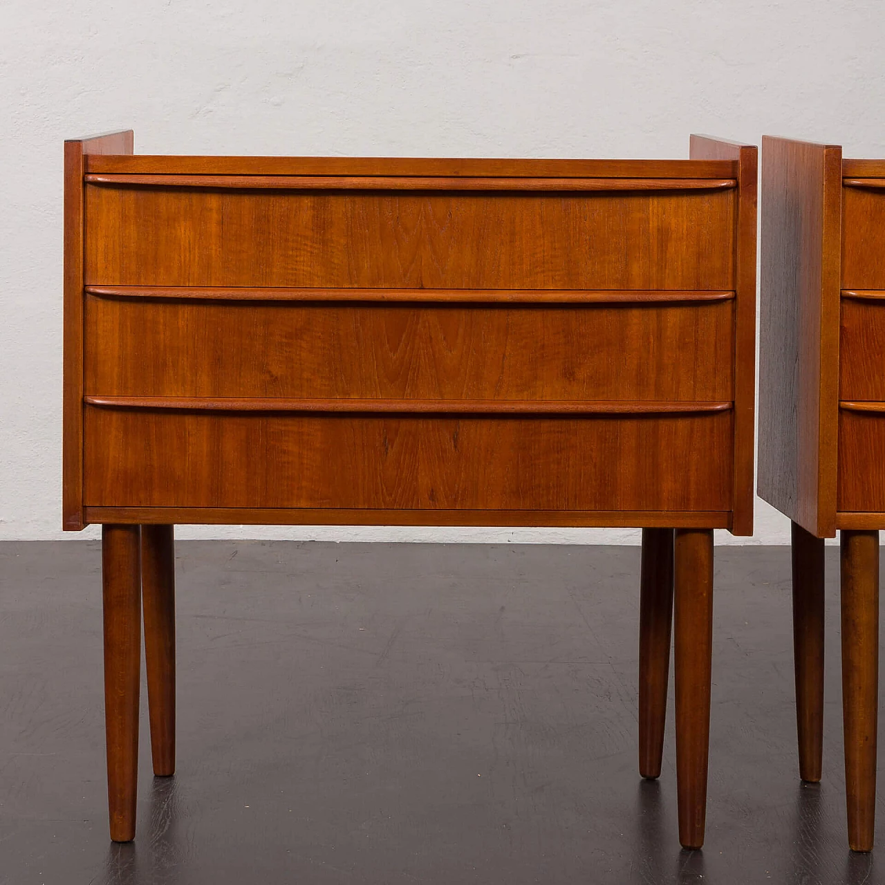 Pair of Danish teak veneer bedside tables with three drawers, 1960s 14
