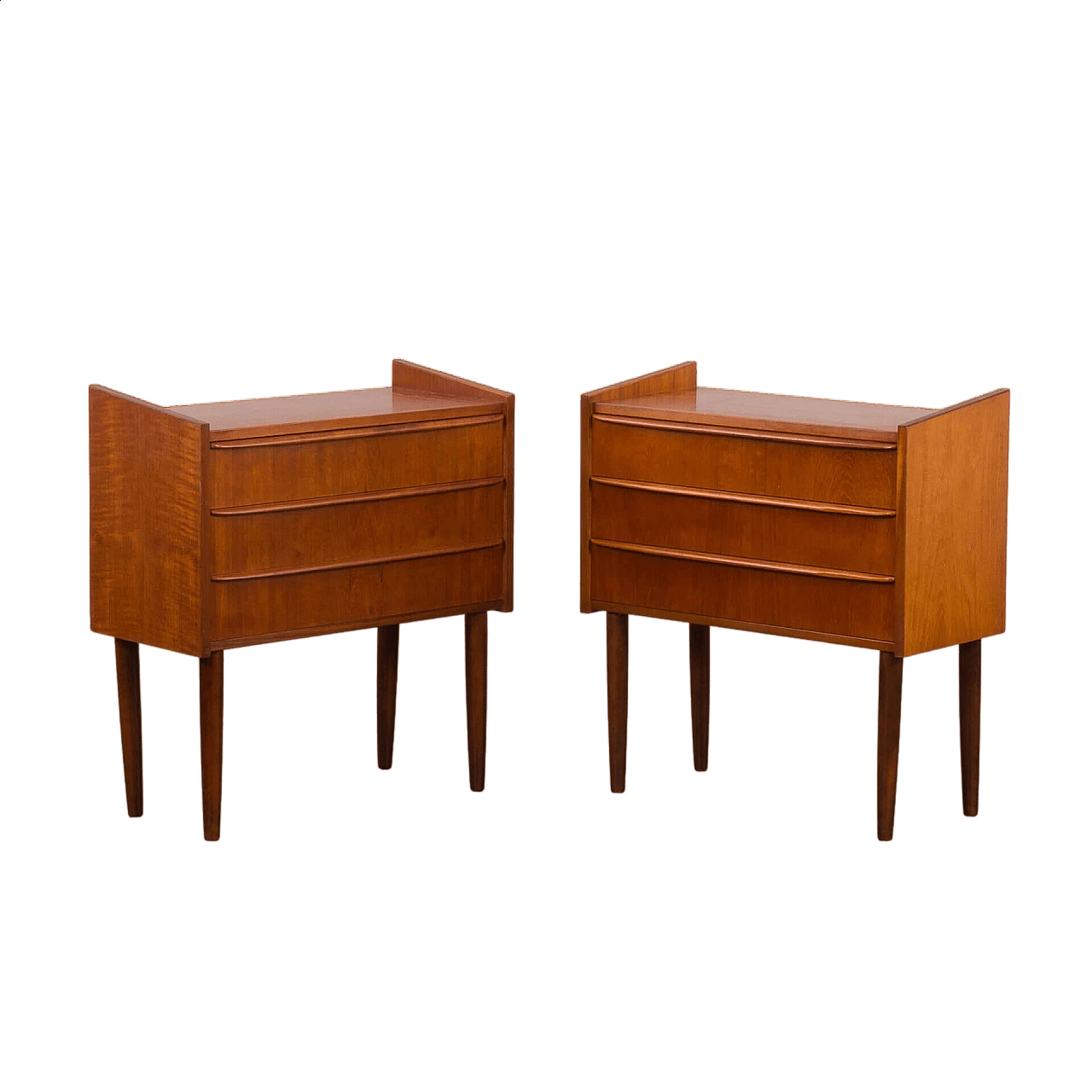 Pair of Danish teak veneer bedside tables with three drawers, 1960s 15