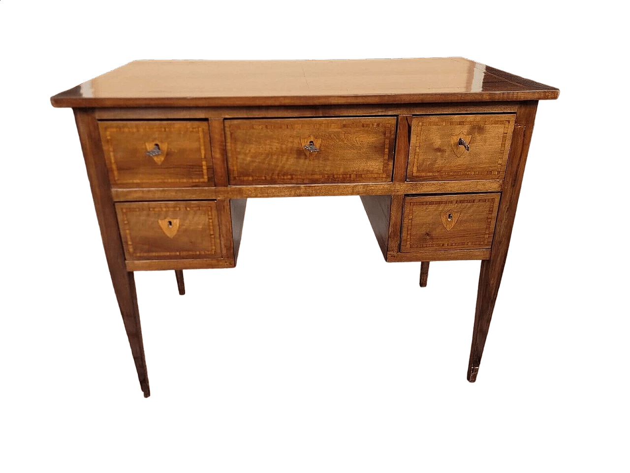 Scrivania da centro in noce con filetti in acero in stile Luigi XVI, inizio '900 12