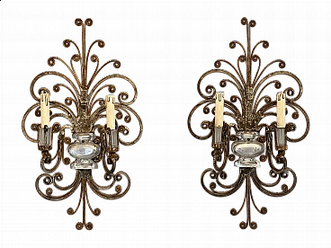 Pair of wrought iron wall sconces by Maison Bagues, 1960s