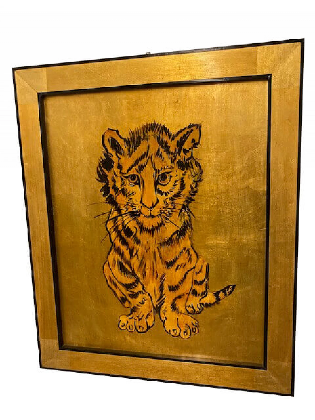 Dipinto a fondo oro raffigurante una tigre, inizio '900 10