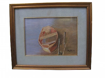 Mario Strocchi, Boat on the Rhine, oil painting on plywood, 1979
