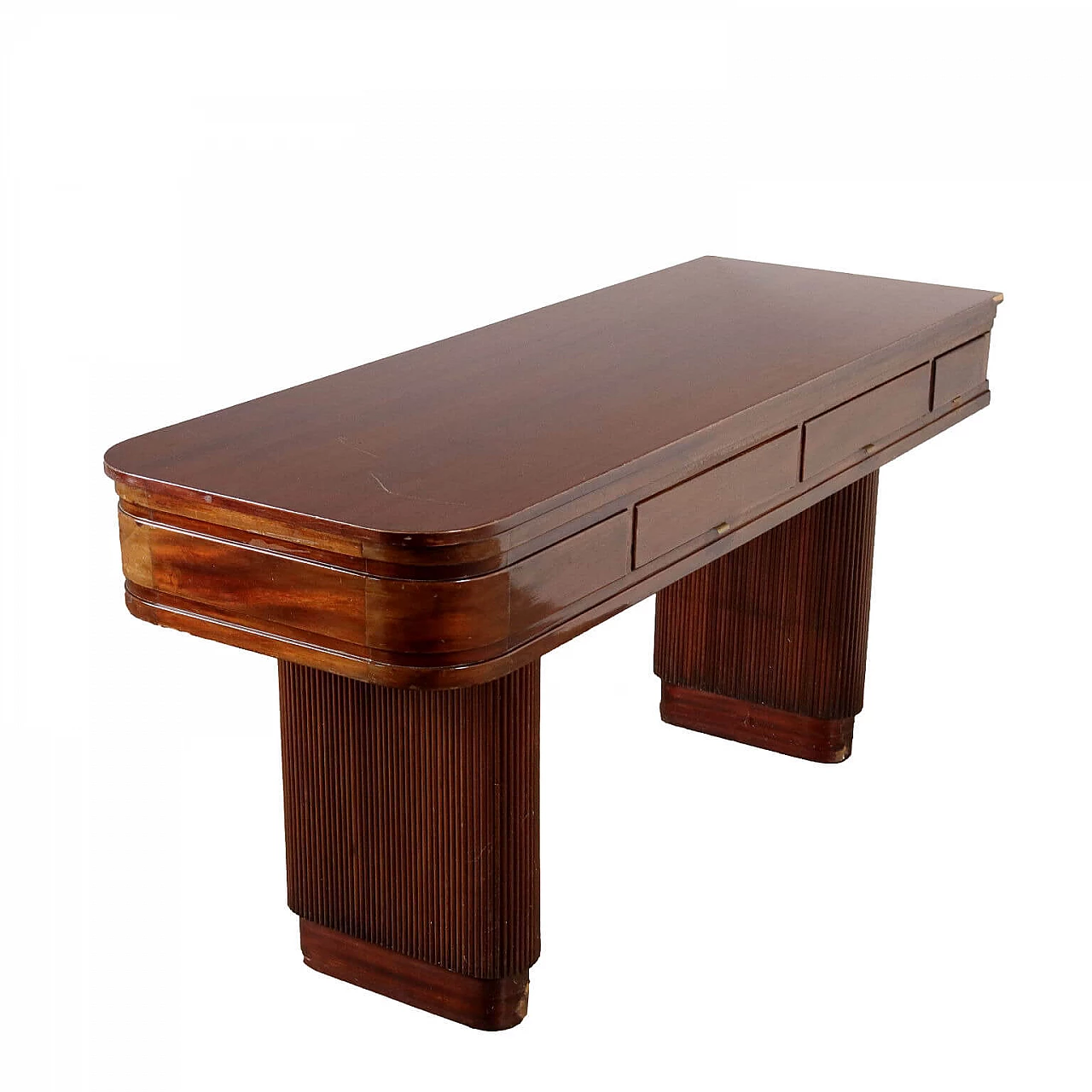 Mahogany veneered wooden shop counter with grissinate legs, 1960s 1