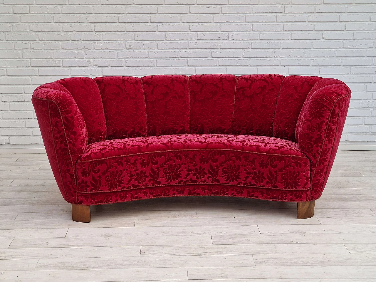 Danish three-seater Banana sofa in cherry-coloured fabric, 1960s 1
