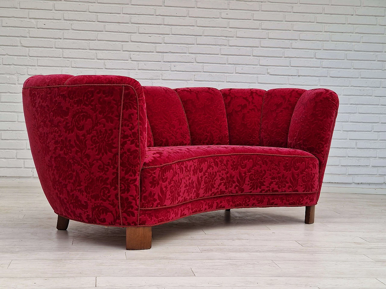 Danish three-seater Banana sofa in cherry-coloured fabric, 1960s 2