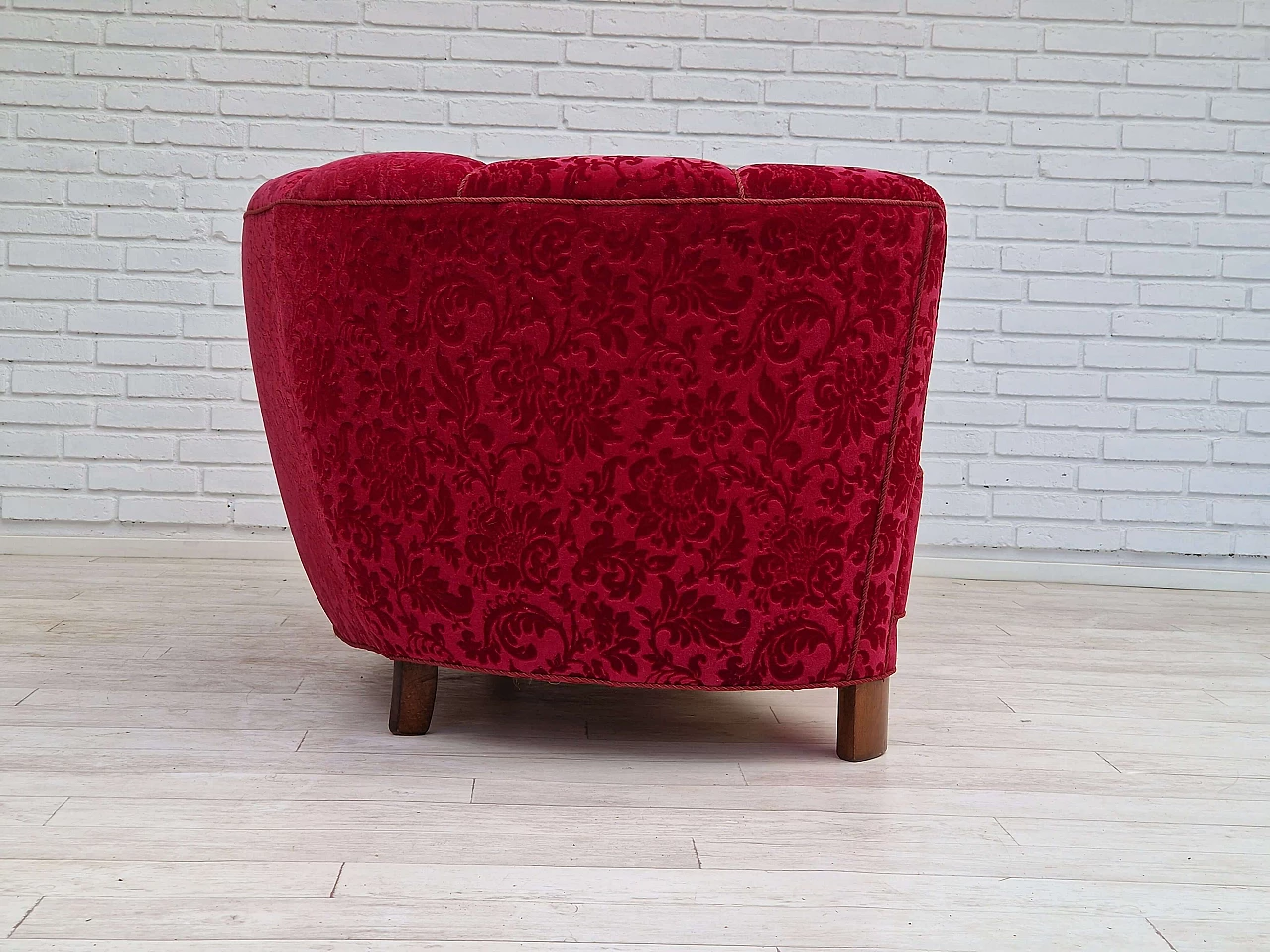 Danish three-seater Banana sofa in cherry-coloured fabric, 1960s 6