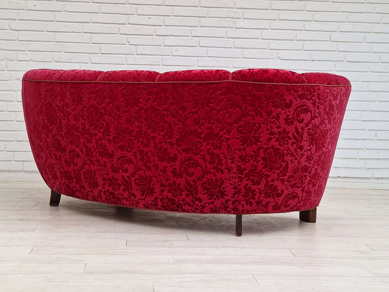Danish three-seater Banana sofa in cherry-coloured fabric, 1960s 10