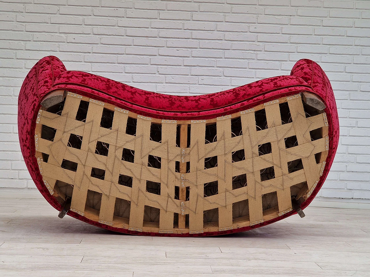 Danish three-seater Banana sofa in cherry-coloured fabric, 1960s 16