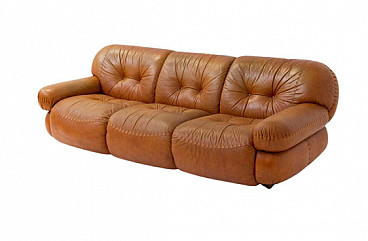 Brown leather three-seater sofa, 1970s