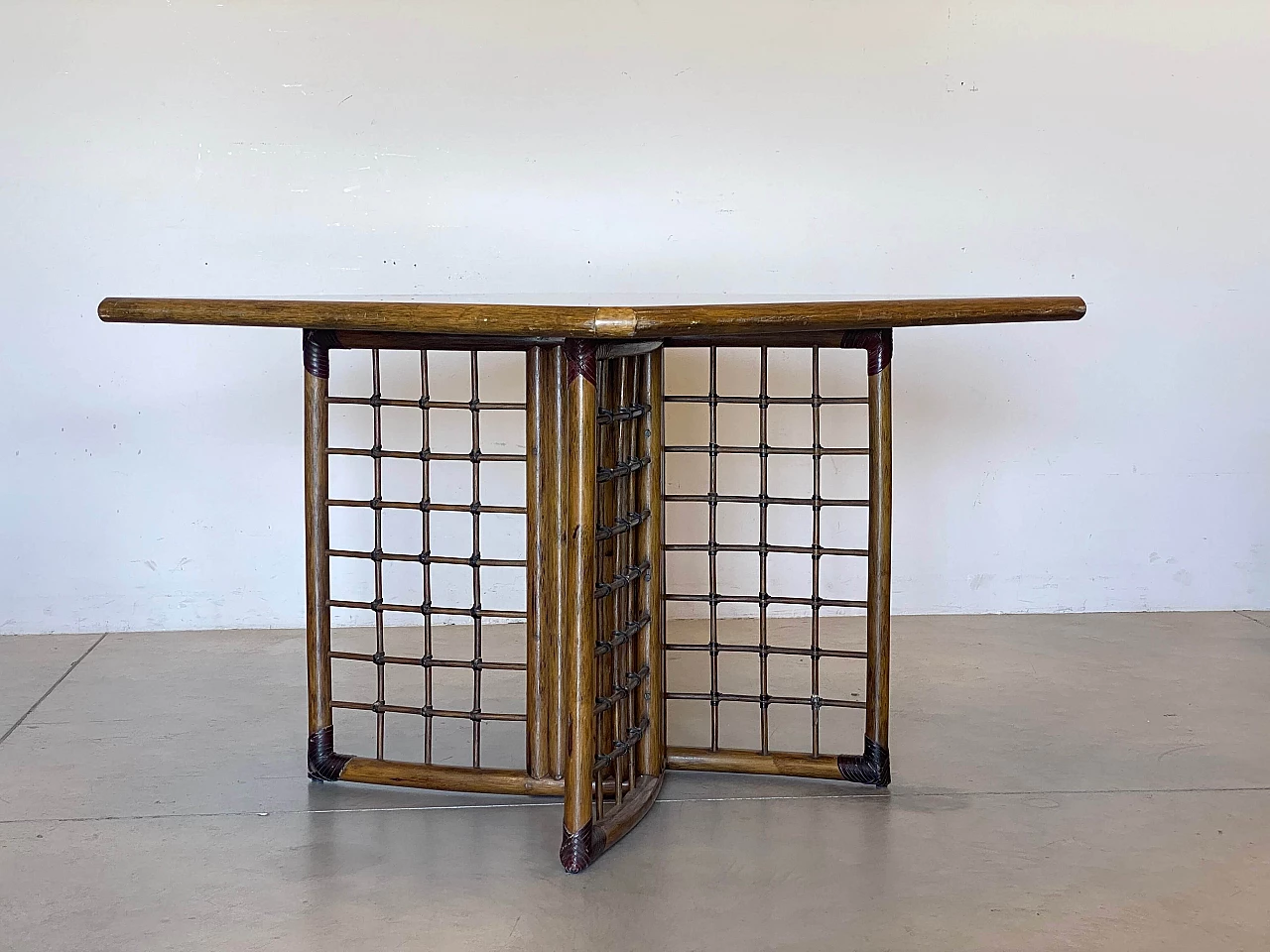 Bamboo and rush table with leather binding, 1970s 2