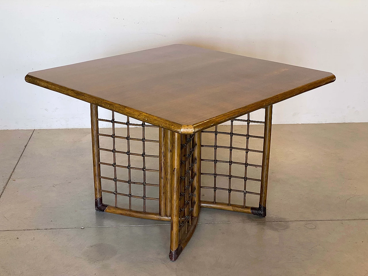 Bamboo and rush table with leather binding, 1970s 3