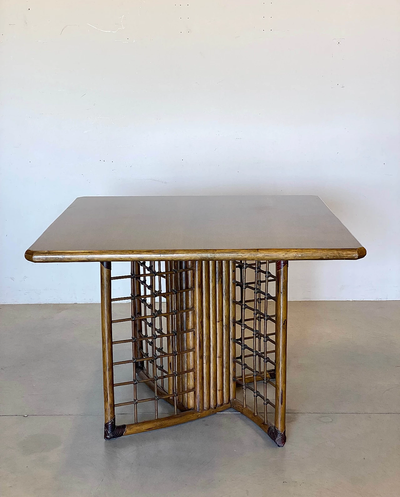 Bamboo and rush table with leather binding, 1970s 4