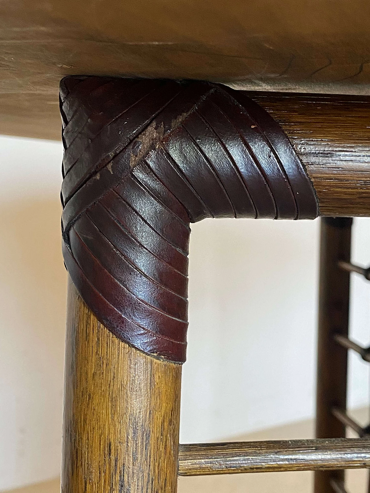 Bamboo and rush table with leather binding, 1970s 5