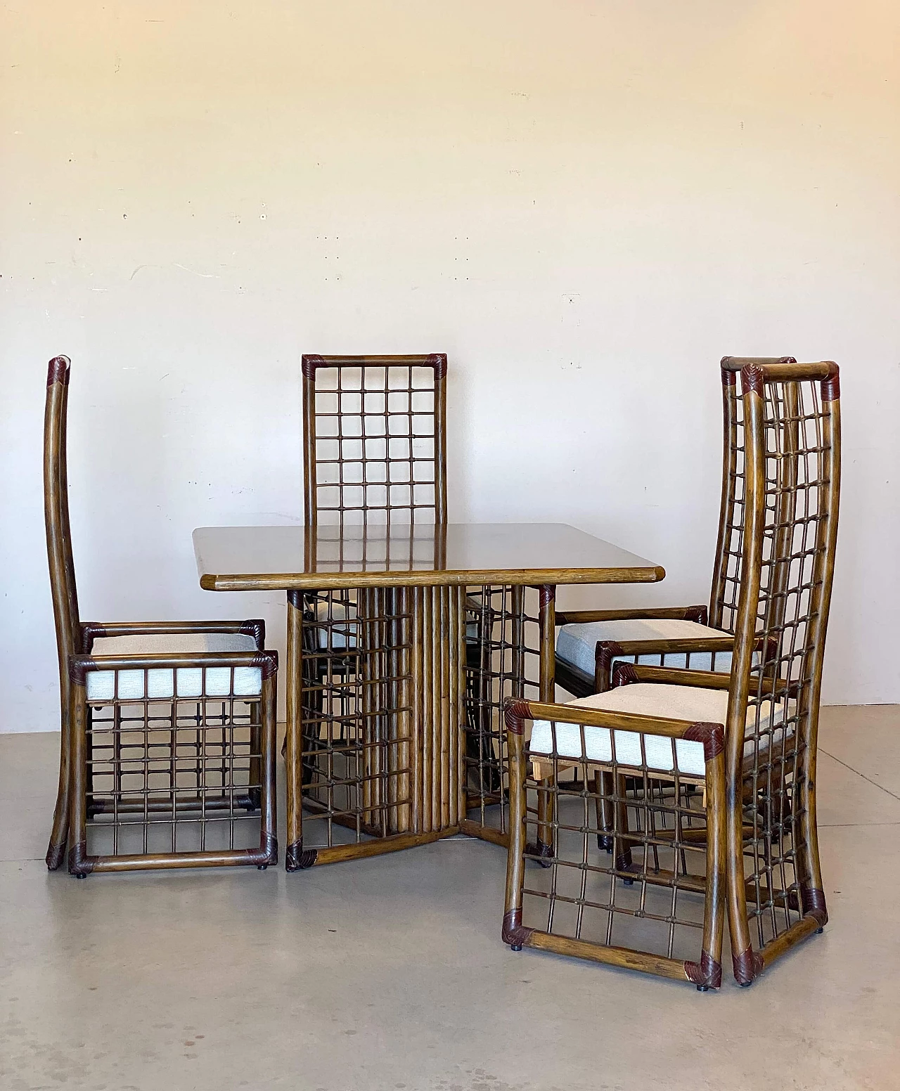 Bamboo and rush table with leather binding, 1970s 9