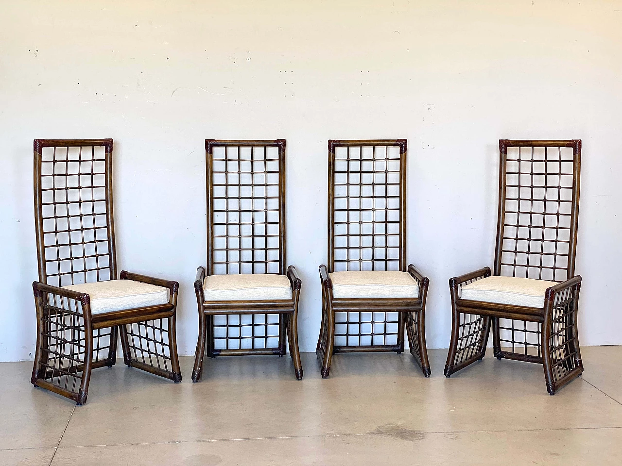 4 Bamboo and rush chairs with leather bindings, 1970s 1