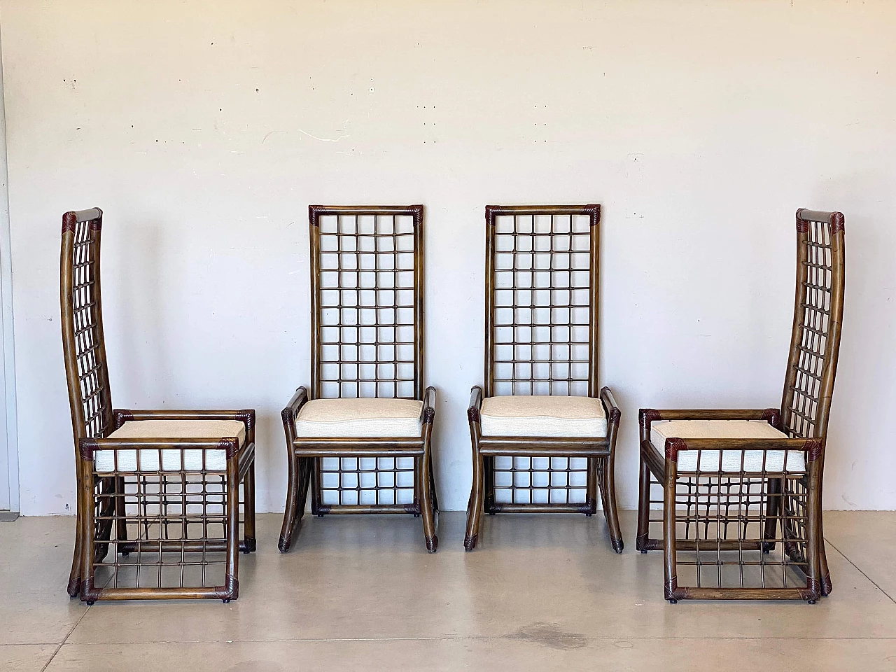 4 Bamboo and rush chairs with leather bindings, 1970s 2