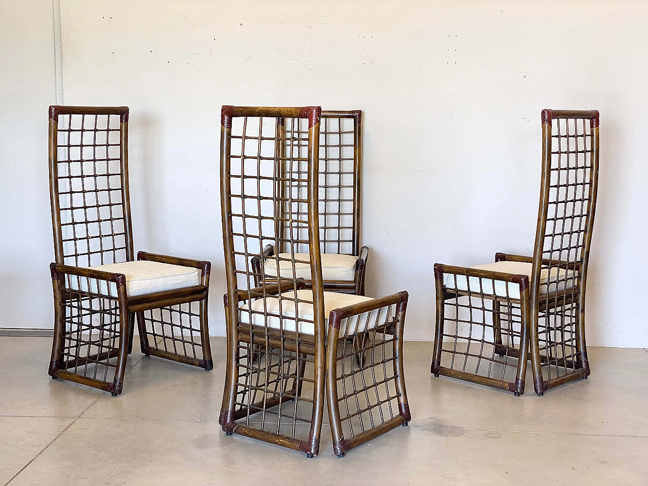 4 Bamboo and rush chairs with leather bindings, 1970s 3