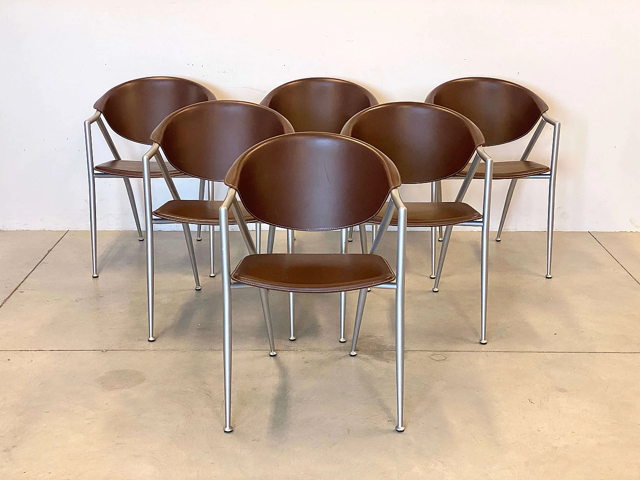 6 Varnished steel and leather chairs by Calligaris, 1990s 1