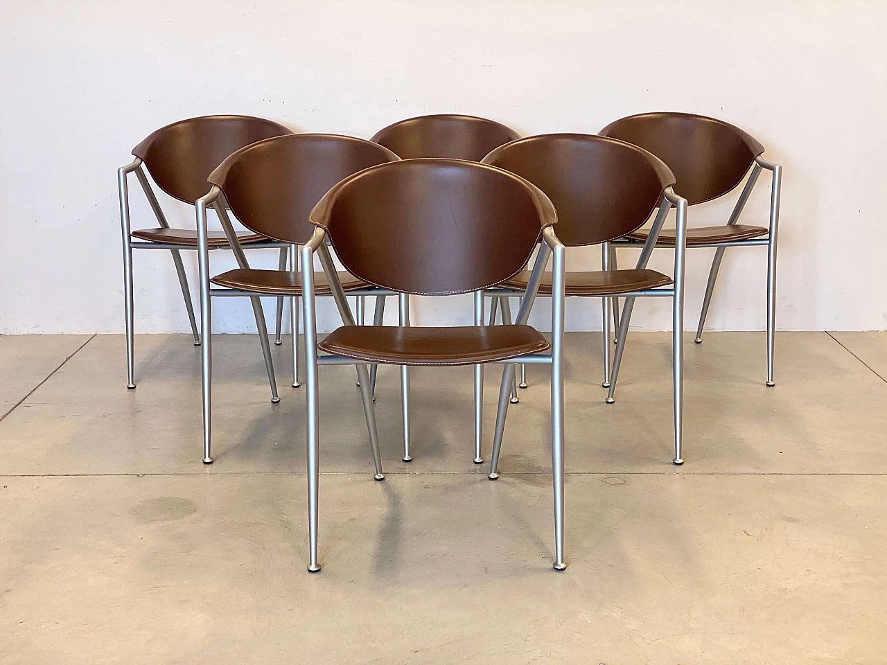 6 Varnished steel and leather chairs by Calligaris, 1990s 2