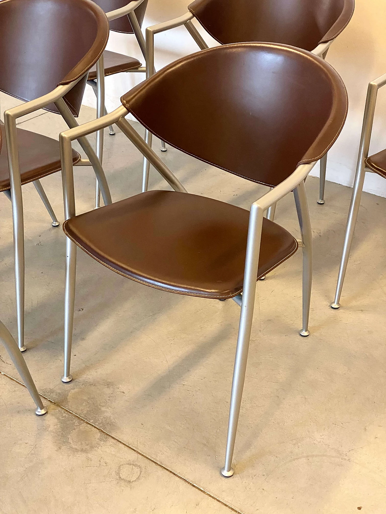 6 Varnished steel and leather chairs by Calligaris, 1990s 3