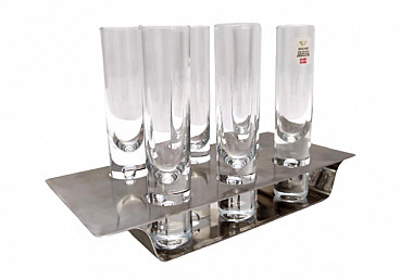 6 Liqueur glasses and tray in glass and steel by Holme Sweden, 1970s