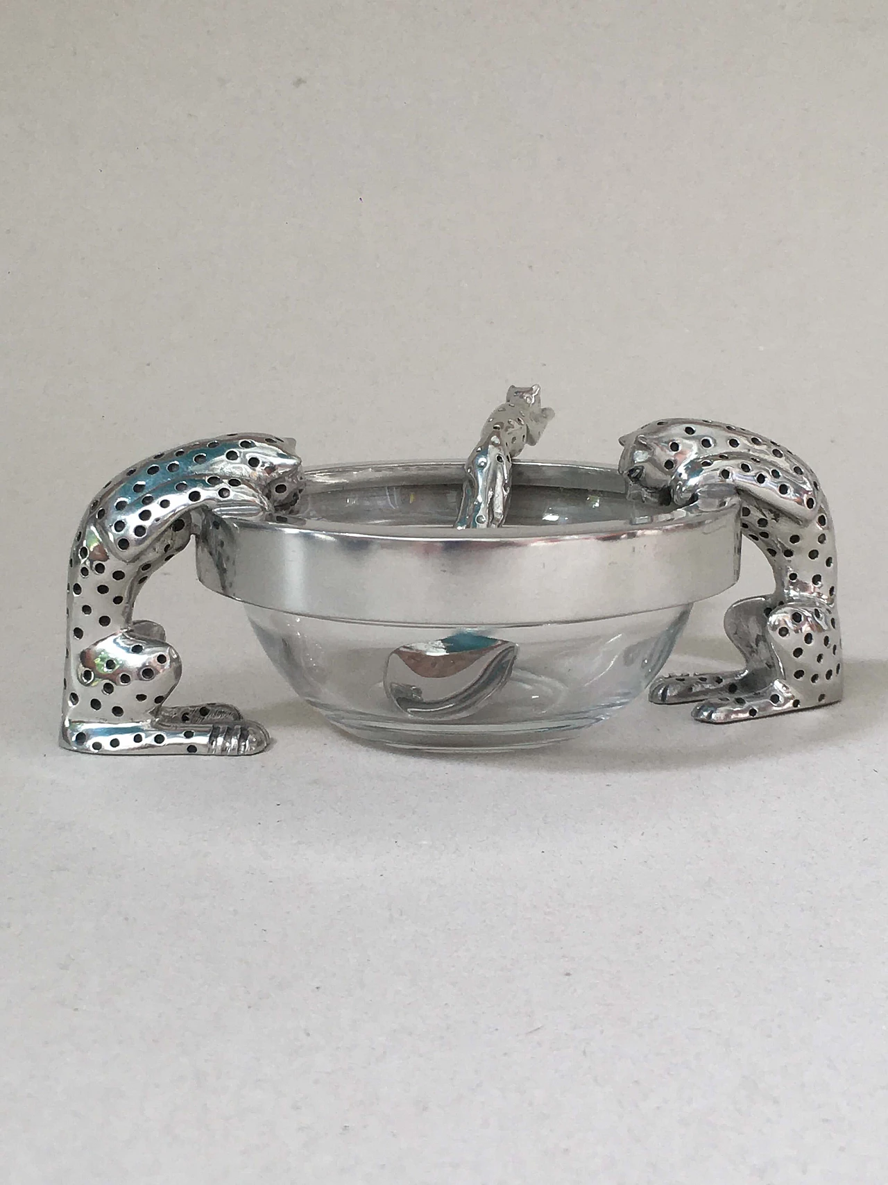 Glass and metal bowl and spoon with cheetahs 1