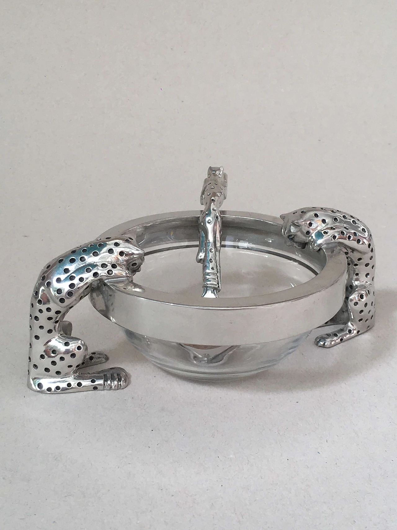 Glass and metal bowl and spoon with cheetahs 2