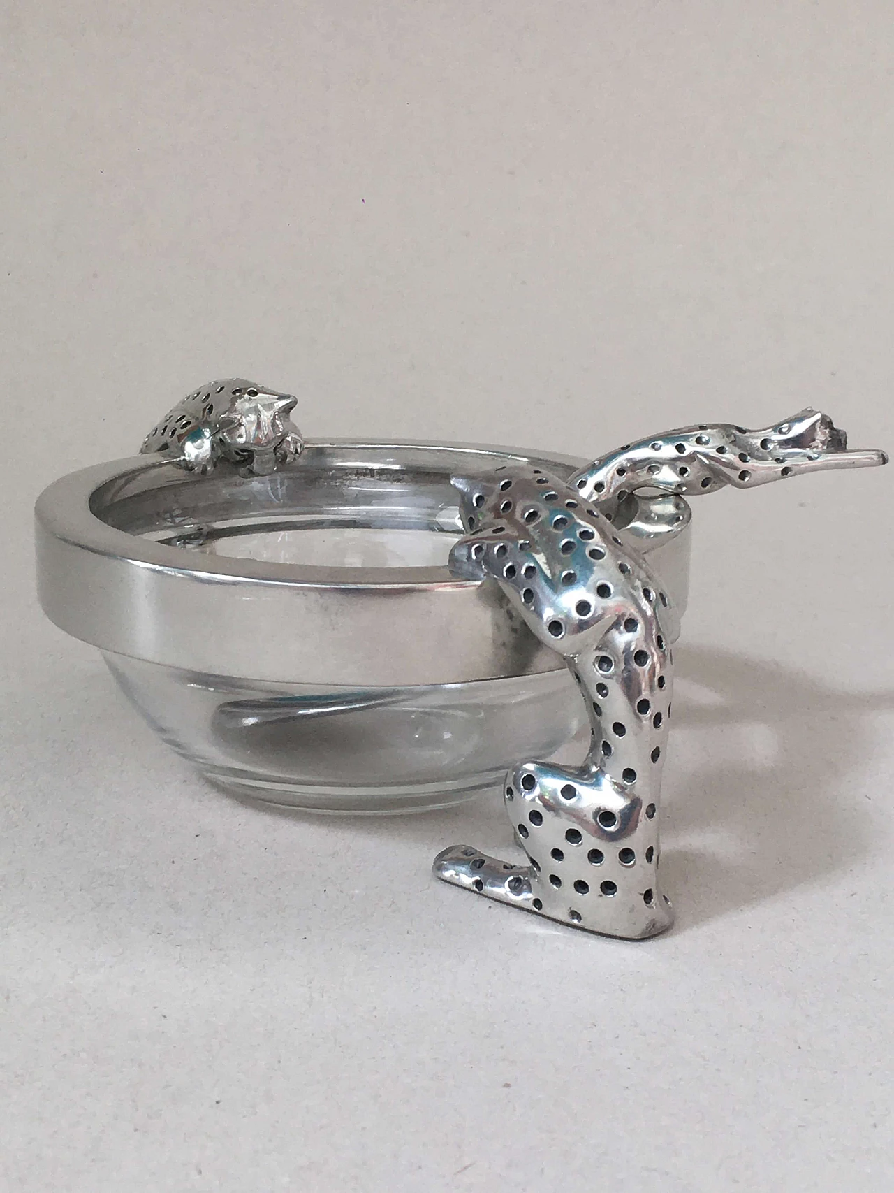 Glass and metal bowl and spoon with cheetahs 3