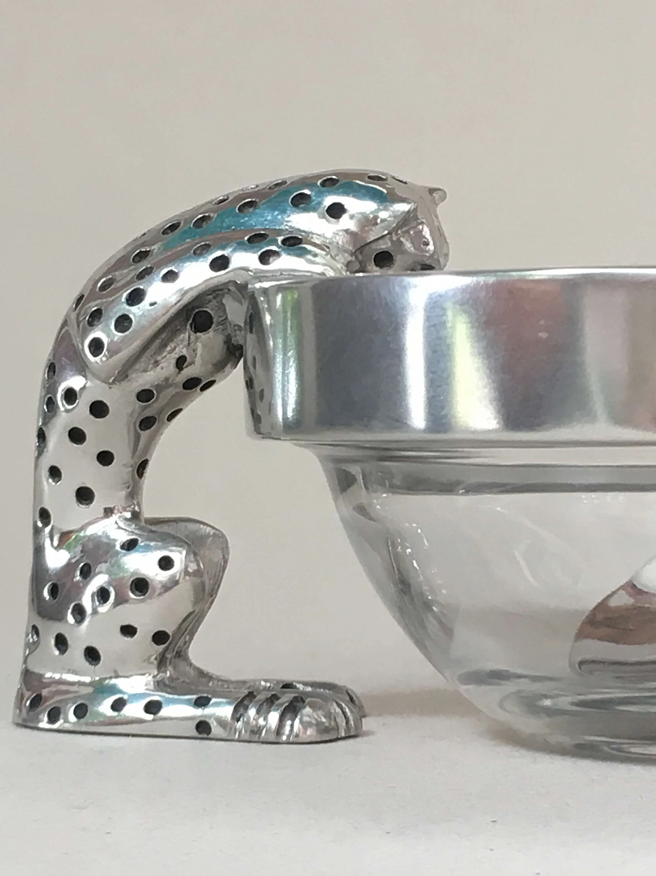 Glass and metal bowl and spoon with cheetahs 4