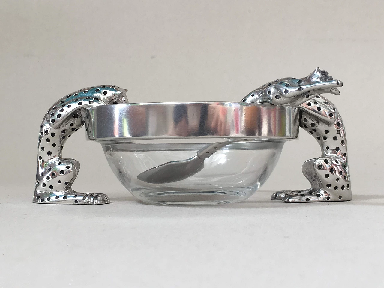 Glass and metal bowl and spoon with cheetahs 6