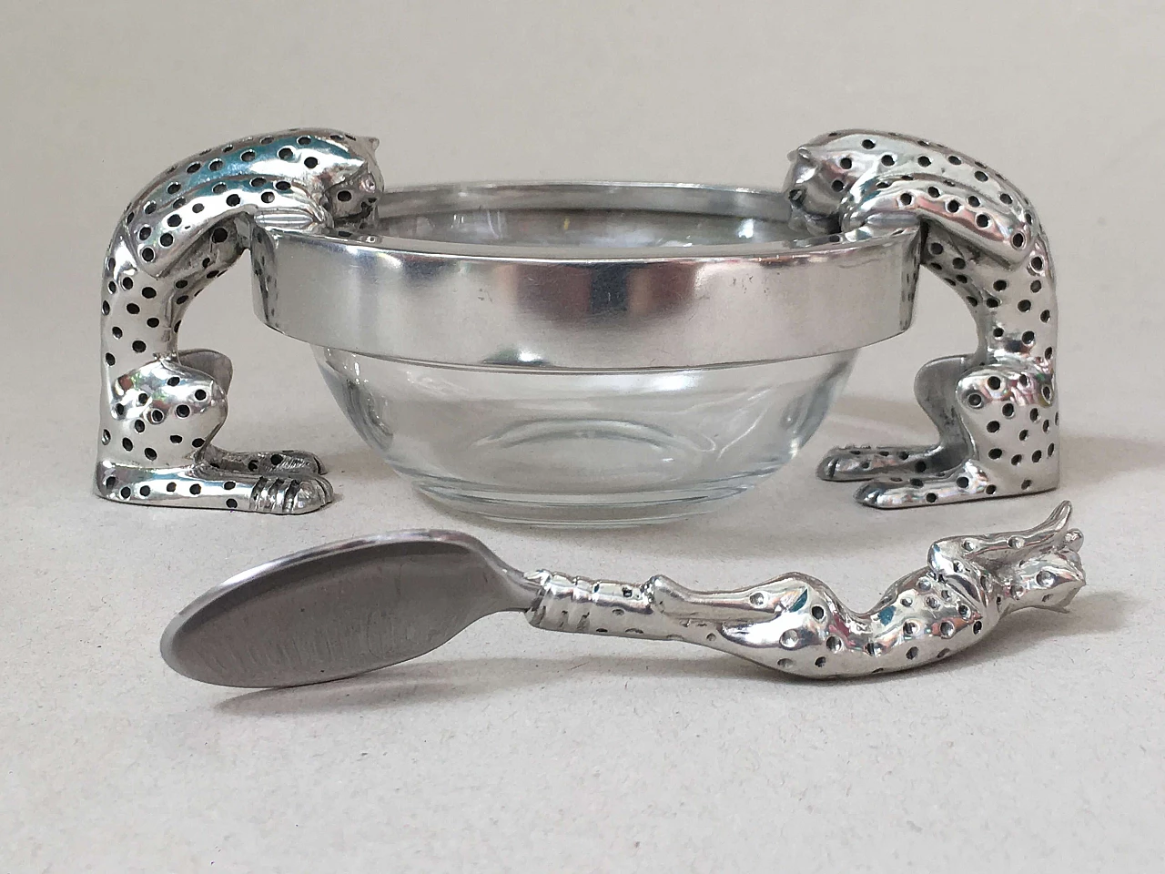 Glass and metal bowl and spoon with cheetahs 7
