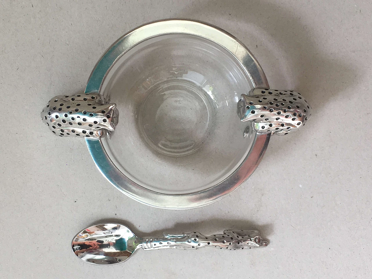 Glass and metal bowl and spoon with cheetahs 8