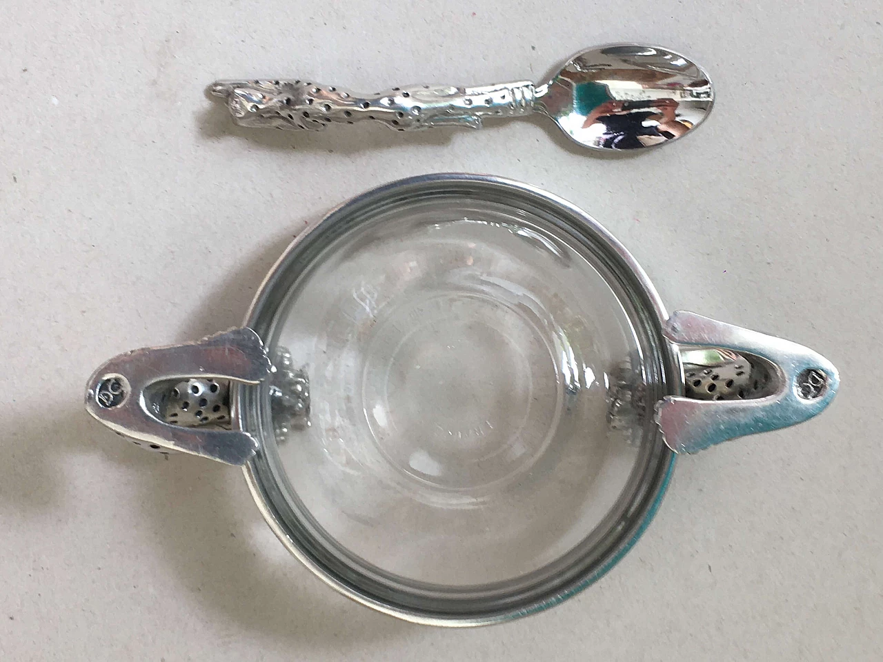 Glass and metal bowl and spoon with cheetahs 9