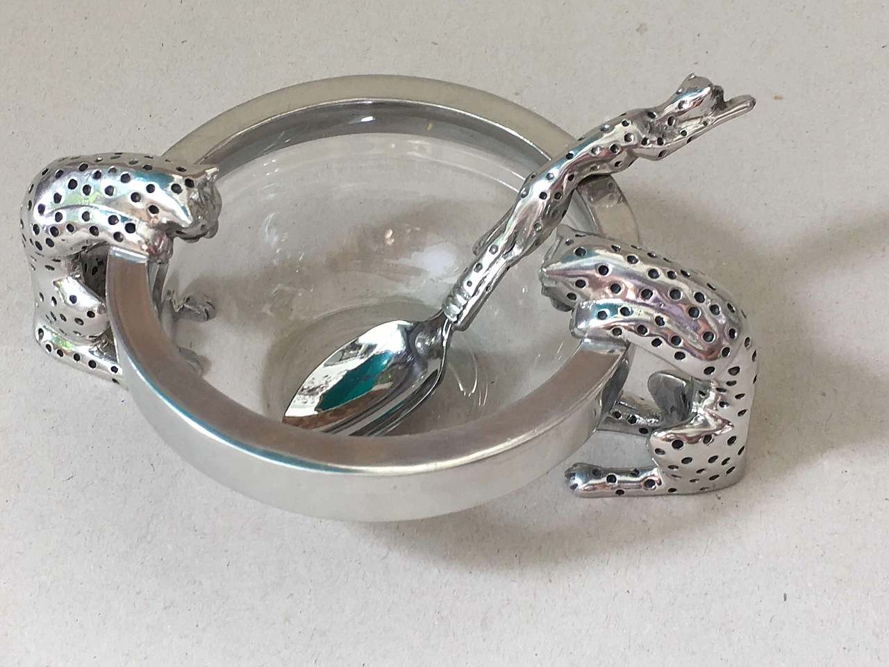 Glass and metal bowl and spoon with cheetahs 13