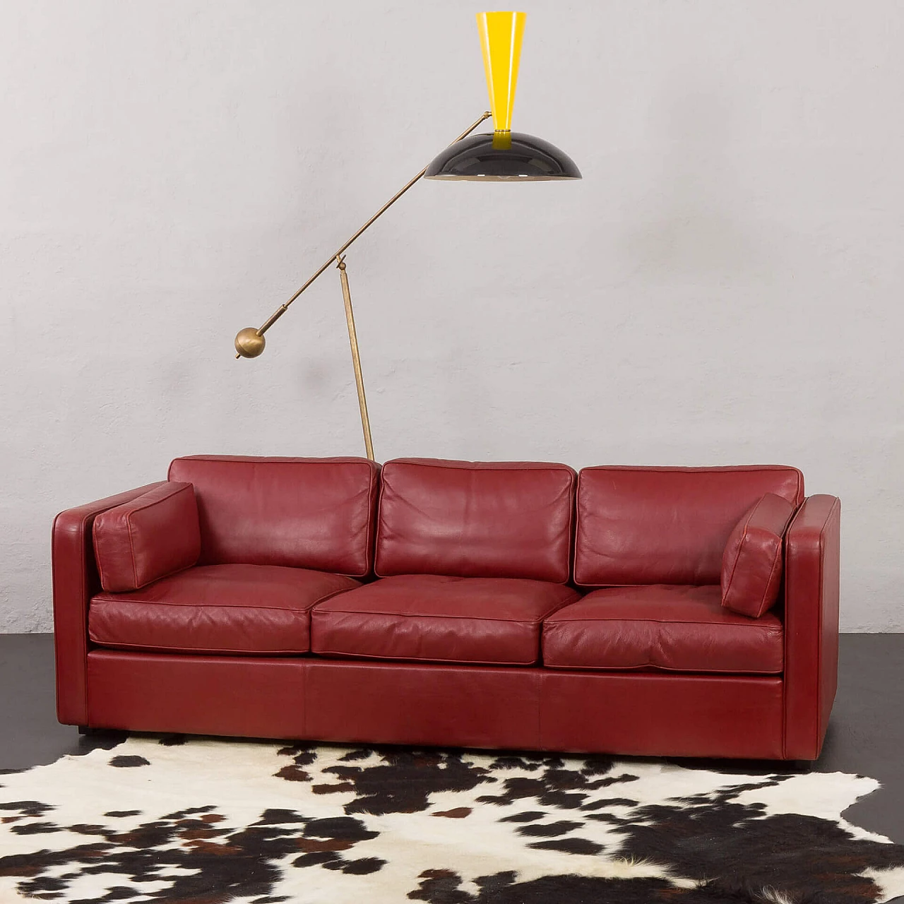Three-seater burgundy aniline leather sofa, 1970s 1