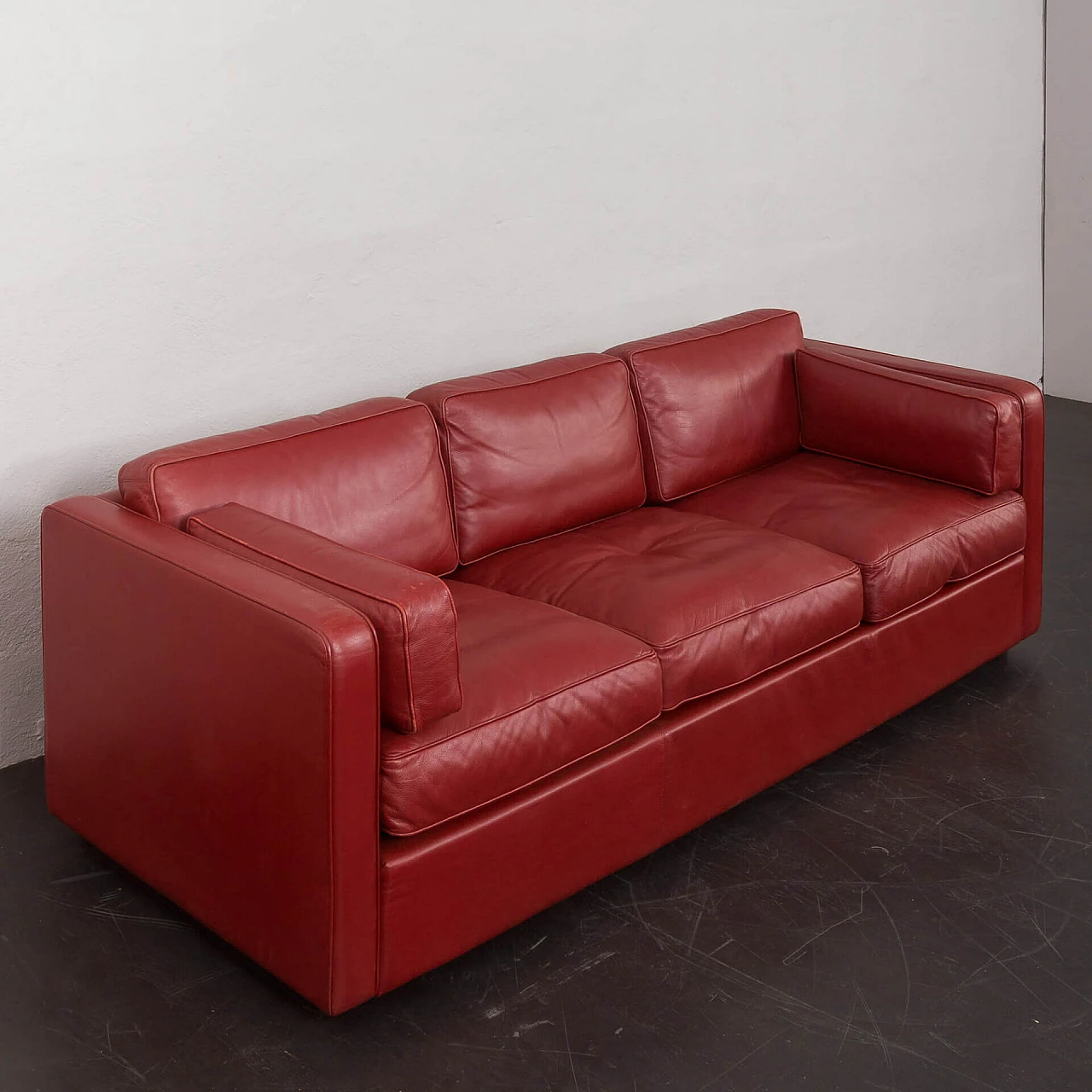 Three-seater burgundy aniline leather sofa, 1970s 10